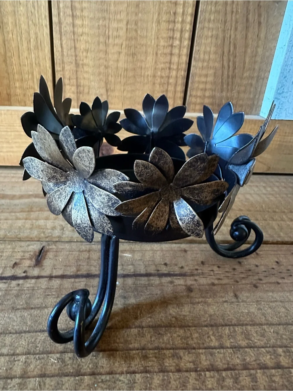 Decorative Metal Floral Candle Holder - Black and Gold Home Accent